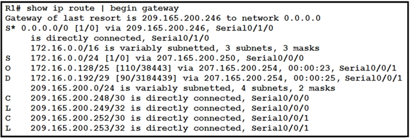 R1# show

ip route | begin gateway

Gateway of last resort is 209.165.200.246 to network 0.0.0.0

s* 0.0.0.

0/0 [1/0] via 209.165.200.246, Serial0/1/0

is directly connected, Serial0/1/0
172.
172.
172.

172.
209.
209.
209.
209.
209

16.0.0/16 is variably subnetted, 3 subnets, 3 masks

16.0.0/24 [1/0] via 207.165.200.250, Serial0/0/0

16.0.128/25 [110/38443] via 207.165.200.254, 00:00:23, Serial0/0/1
16.0.192/29 [90/3184439] via 207.165.200.254, 00:00:25, Serial0/0/1
165.200.0/24 is variably subnetted, 4 subnets, 2 masks
165.200.248/30 is directly connected, Serial0/0/0

165.200.249/32 is directly connected, Serial0/0/0

165.200.252/30 is directly connected, Serial0/0/1

-165.200.253/32 is directly connected, Serial0/0/1