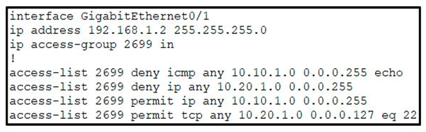 interface GigabitEthernet0/1
ip address 192.168.1.2 255.255.255.0

ip access-group 2699 in
!

access-list 2699 deny icmp any 10.10.1.0
access-list 2699 deny ip any 10.20.1.0 0
access-list 2699 permit ip any 10.10.1.0
jaccess-list 2699 permit tcp any 10.20.1.0 0.0.0.127 eq 22