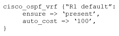 cisco_ospf_vrf {“Rl default”:
ensure => ‘present’,
auto_cost => ‘100’,