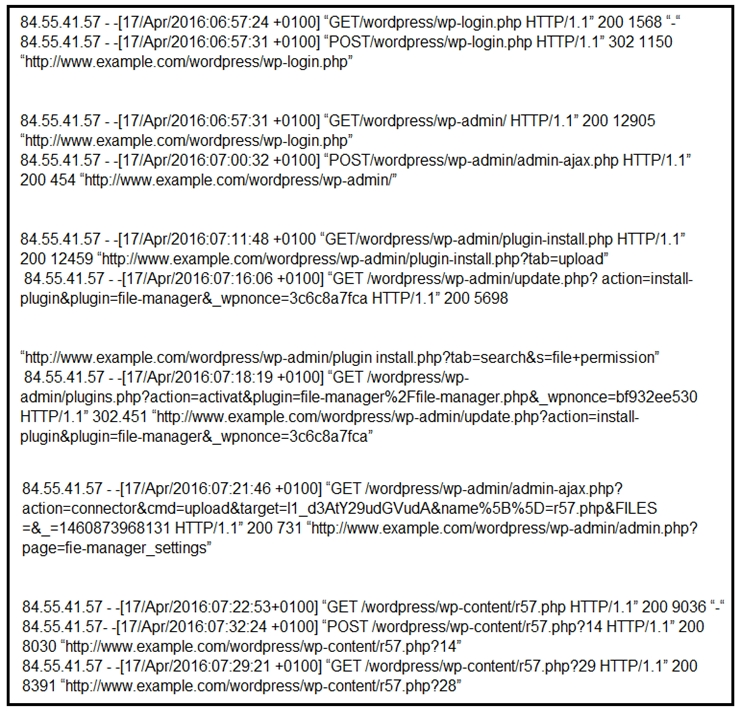 84.55.41.57 - -[17/Apr/2016.06:57:24 +0100] “GETiwordpressiwp-login.php HTTP/1.1" 200 1568 *-"
84.55.4157 - -[17/Apri2016.06:57:31 +0100] "POSTiwordpressivp-login.php HTTP/1.1” 302 1150
“http:/www.example.comwordpress/wp-login php”

84.55.41.57 - {17/Apr/2016:06:57:31 +0100] “GET/wordpress/wp-admin/ HTTP/1.1" 200 12905,
“http:/ww.example.comiwordpress/wp-login. php”

84.55.41.57 - -[17/Apr/2016:07:00:32 +0100] ‘POSTiwordpress/wp-admin/admin-ajax.php HTTP/1.1"
200 454 “http:/www.example.com/wordpress/wp-admin’”

84.55.4157 - -[17/Apri2016.07:11:48 +0100 “GETiwordpress/wp-admin/plugin- install.php HTTP/1.1”
200 12459 “http:/www.example.com/wordpress/wp-admin/plugin-install php ?tab=upload”
84.55.41.57 - [17/Apr/2016:07:16:06 +0100] “GET !wordpressiwp-admin/update.php? action=install-
plugin&plugin=file-manager&_wpnonce=3c6c8a7fca HTTP/1.1” 200 5698

“http:/www.example.comwordpress/wp-admin/plugin install php tab=search&s=file+permission”
84.55.41.57 - -[17/Apr/2016:07:18:19 +0100] “GET Awordpressiwp-

admin/plugins php ?action=activat&plugin=file-manager%2Ffile-manager php&_wpnonce=f932ee530
HTTP/1.1" 302.451 “http://www_example. com/wordpressiwp-admirvupdate.php?action=install-
plugin&plugin=file-manager&_wpnonce=3c6c8a7fca”

84.55.41.57 - [17/Apri2016:07:21:46 +0100] “GET wordpress/wp-admin/admin-ajax.php?
action=connector&cmd=upload&target=I1_d3AtY29udGVudA&name%5B%5D=r57 php&FILES
=&_=1460873968131 HTTP/1.1" 200 731 “http:/www.example.com/wordpress/wp-admin/admin php?
page=fie-manager_settings”

8455.41.57 - {1 7/Apr/2016:07:22:53+0100] ‘GET /wordpress/wp-contentir57.php HTTP/1.1” 200 9036 "."
84.55.41.57--[17/Apri2016:07:32:24 +0100] "POST /wordpressiwp-contentr57.php?14 HTTP/1.1” 200
8030 ‘hitp:/www.example. comiwordpressiwp-contentir57.php?14"

84.55.41.57 - {17/Apr!2016:07:29:21 +0100] “GET /wordpress/wp-contenti'57.php?29 HTTP/1.1" 200
8391 *http:/www.example.com/wordpressiwp-contentir57,php?28"