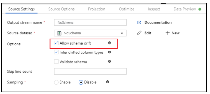 Source Settings e je timize ect

Output stream name *

@ Documentation

Source dataset * 2 Edit + New

Options © Allow schema drift °

Y infer drifted column types @

Validate schema °

Skip line count

Sampling * Enable @Disable ©