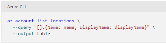 ‘Azure CLI

az account list-locations \
--query "[].{Name: name, DisplayName: displayName}" \
--output table