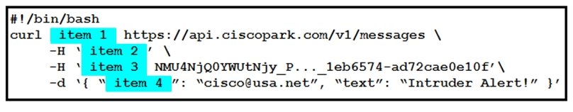 #!/bin/bash
https: //api.ciscopark.com/v1/messages \

\

NMUANJQOYWUtNiy P... leb6574-ad72cae0el10f’ \
“": “cisco@usa.net”, “text”: “Intruder Alert!” }/