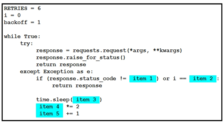 RETRIES

backoff

while True:
try:
response = requests.request (*targs, **kwargs)
response.raise for _status()

return response
except Exception as e:

if (response.status_code != | tem) or i == /Gtem/2):

return response

time. sleep (//Hten/3)))
2