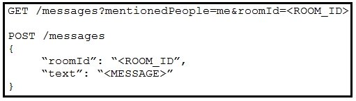 GET /messages?ment ionedPeople=meéroomld=<ROOM_ID>|

POST /messages

{
“roomId”: “<ROOM_ID”,
“text”: “<MESSAGE>”