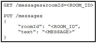 GET /messages&roomId=<ROOM_ID>

PUT /messages

{
“roomId”: “<ROOM_ID”,
“text”: “<MESSAGE>”