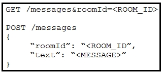 GET /messages&roomId=<ROOM_ID>

POST /messages

{
“roomId”: “<ROOM_ID”,
“text”: “<MESSAGE>”