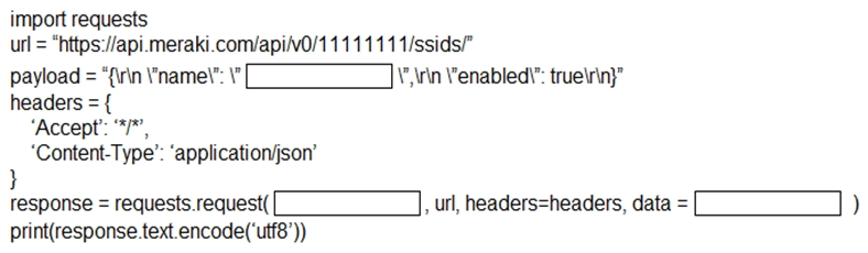 import requests
url = “https://api.meraki.com/api/v0/11111114/ssids”

payload = “{irin \"name\’: \" \’\rin Venabled\”: true\rin}”
headers = {
‘Accept’: “*/”’,
‘Content-Type’: ‘application/json’
}
response = requests.request( , url, headers=headers, data =

print(response.text.encode(‘utf8’))