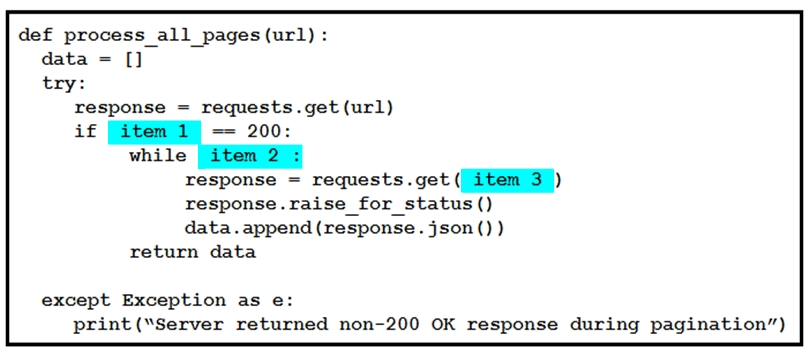 def process _all_pages (url):
data = []

response = requests.get (url)
if 20
le

response = requests. get (item) 3!)

response.raise for_status()
data.append (response. json ())
return data

except Exception as e:
print (‘Server returned non-200 OK response during pagination”)
