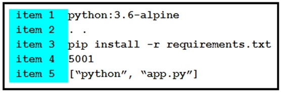 1 python:3.6-alpine
2
3 pip install -r requirements.txt

4 5001
5 [‘python”, “app.py”]