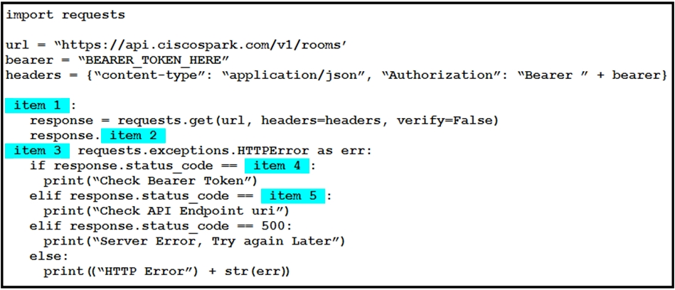 import requests

url = “https: //api.ciscospark.com/v1/rooms’
bearer “BEARER_TOKEN_ HERE”
headers = {“content-type”: “application/json”, “Authorization”: “Bearer ” + bearer}

response = requests.get (url, headers-headers, verify-False)

response
tem) 3S) requests.exceptions.HTTPError as err:
if response.status code — //item! 4):
print (“Check Bearer Token”)
elif response.status_code item 5:
print (“Check API Endpoint uri”)
elif response.status_code — 500:
print (“Server Error, Try again Later”)
else:
print ((“HTTP Error”) + str(err))