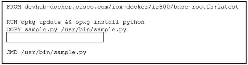 FROM devhub-docker.cisco.com/iox-docker/ir800/base-rootfs:latest

RUN opkg update && opkg install python
COPY sample.py /usr/bin/sample.py

CMD /usr/bin/sample.py