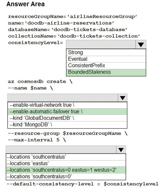 Answer Area

resourceGroupName= ‘airlineResourceGroup’
name= ‘docdb-airline-reservations’
databaseName= ‘docdb-tickets-database’
collectionName= ‘docdb-tickets-collection’
consistencyLevel= lv

Strong
Eventual
ConsistentPrefix
BoundedStaleness

az cosmosdb create \
name $name \

--enable-virtual-network true \
~-enable-automatic-failover true \
--kind ‘GlobalDocumentDB’ \
~-kind ‘MongoDB’ \
resource-group $resourceGroupName \
max-interval 5 \

iv

--locations ‘southcentralus’

--locations ‘eastus’

|-locations ‘southcentralus=0 eastus=1 westus=2’

--locations ‘southcentralus=0"
--default-consistency-level = $consistencylevel