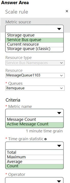 Answer Area
Scale rule

Metric source

‘Storage queue

Resource

MessageQueue1103 v
* Queues:

itemqueue v
Criteria

* Metric name

Message Count

1 minute time grain

* Time grain statistico

v
Total
Maximum

aaa

* Operator