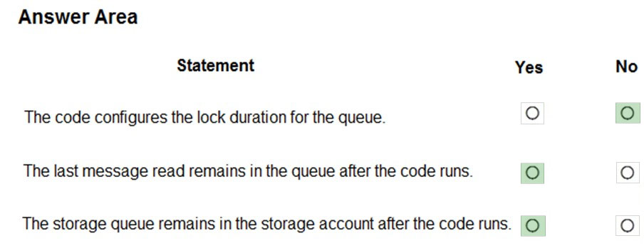 Answer Area

Statement Yes
The code configures the lock duration for the queue. °
The last message read remains in the queue after the code runs. @

The storage queue remains in the storage account after the code runs. |)

°