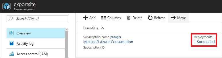 Search (Cl)

(©) Overview
EE Activity tog

at Access control (IAM)

sh acd

Columns fl} Delete

Essentials A

Subscription name (change)
Microsoft Azure Consumption
‘Subscription ID

© Refresh

> Move