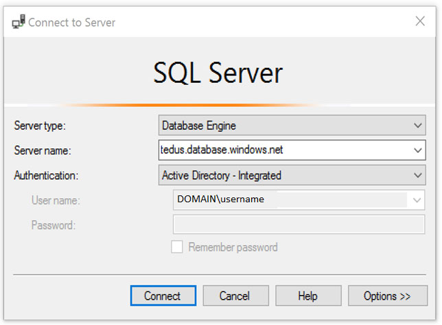 SQL Server

Servertype: Database Engine
‘Server name: tedus.database.windows.net

DOMAIN\username

Cancel Help Options >>