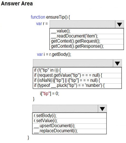 Answer Area

function ensureTip() {
varr=

__value();
__-feadDocument(‘item’);
getContext().getRequest(

),

getContext().getResponse();

var i = r.getBody();

if (1("tip" in i)) {
if (request.getValue("ti
if (isNaN(i)f"tip") [lj
if (typeof __pluck("tip’

if'tip"] = 0;

r.setBody(i);
rsetValue(i);
__-upsertDocument(i);
__feplaceDocument(i);