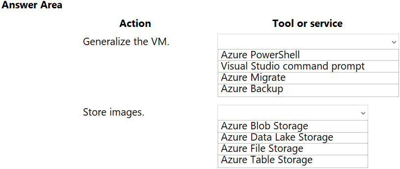 Answer Area

Action
Generalize the VM.

Store images.

Tool or service

Azure PowerShell

Visual Studio command prompt
Azure Migrate

Azure Backup

Azure Blob Storage
Azure Data Lake Storage
Azure File Storage
Azure Table Storage