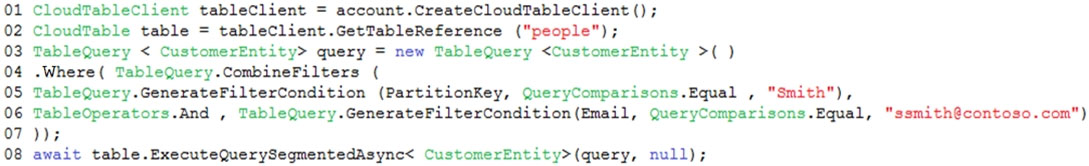 CloudfableClient tableClient = account.CreateCloudTableClient () ;

CloudTable table = tableClient.GetTableReference ("people");

TableQuery < CustomerEntity> query = new TableQuery <CustomerEntity >( )

-Where( TableQuery.CombineFilters (

TableQuery.GenerateFilterCondition (PartitionKey, QueryComparisons.Equal , "Smith"),

TableOperators.And , TableQuery.GenerateFilterCondition (Email, QueryComparisons.Equal, "ssmith@contoso.com")
Ye

await table.ExecuteQuerySegmentedAsync< CustomerEntity>(query, null);