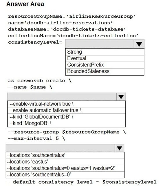 Answer Area

resourceGroupName= ‘airlineResourceGroup’
name= ‘docdb-airline-reservations’
databaseName= ‘docdb-tickets-database’
collectionName= ‘docdb-tickets-collection’
consistencyLevel= lv

Strong
Eventual
ConsistentPrefix
BoundedStaleness

az cosmosdb create \
name $name \

--enable-virtual-network true \
--enable-automatic-failover true \
--kind ‘GlobalDocumentDB’ \
~-kind ‘MongoDB’ \
resource-group $resourceGroupName \
max-interval 5 \

iv

--locations ‘southcentralus’

--locations ‘eastus’

--locations ‘southcentralus=0 eastus=1 westus=2"

--locations ‘southcentralus=0"
--default-consistency-level = $consistencylevel