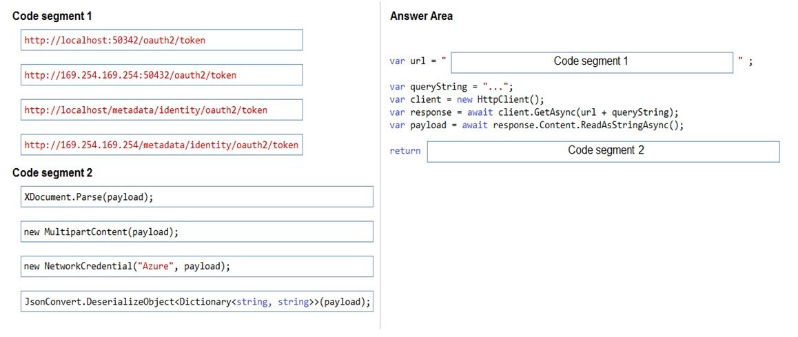 Code segment 1

http: //localhost :50342/oauth2/token

http: //169.254.169.254:58432/oauth2/token

http: //localhost/metadata/identity/oauth2/token

http: //169.254.169.254/metadata/identity/oauth2/token

Code segment 2

XDocument.Parse(payload);

new MultipartContent(payload) ;

new NetworkCredential(“Azure”, payload);

IsonConvert .DeserializeObject<Dictionary<string, string>>(payload) ;

Answer Area

aia: Code segment 1

var queryString = ”
ver client = new wetpCLient()s

var response = await client.GetAsync(url + queryString);
var payload = await response.Content.ReadAsStringAsync();

return Code segment 2