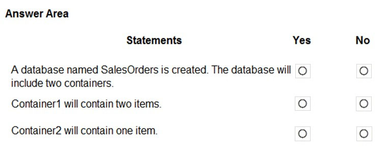 Answer Area

Statements Yes

A database named SalesOrders is created. The database will ©
include two containers.

Container1 will contain two items. [e)

Container2 will contain one item. fe)

No