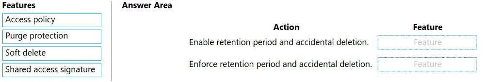 Features Answer Area
Access policy

Action Feature

Enable retention period and accidental deletion
Soft delete a

Enforce retention period and accidental deletion.

Purge protection

Shared access signature