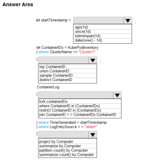 Answer Area

let startTimestamp =

ago(1d)
since(1d)
totimespan(id)
date(now() - 1d)

let ContainerlDs = KubePodinventory
| where ClusterName == "Cluster1”

| vv

fork containeriDs
]where Container'D in (ContainerlDs)

restrict ContaineriD in (Containers)

join ContainerlD = = ContaineriDs.ContainerID
where TimeGenerated > startTimestamp
where LogEntrySource = = "stderr"

| vv
project by Computer
|summarize by Computer

partition count() by Computer
/summarize count() by Computer