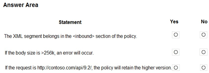 Answer Area

Statement Yes
The XML segment belongs in the <inbound> section of the policy. °
If the body size is >256k, an error will occur. fe)

If the request is http://contoso.com/api/9.2/, the policy will retain the higher version. O

No