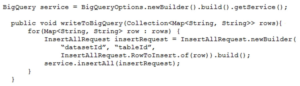 BigQuery service = BigQueryOptions.newBuilder() .build() .getService();

public void writeToBigQuery(Collection<Map<String, String>> rows){
for (Map<String, String> row : rows) {
InsertAllRequest insertRequest = InsertAllRequest.newBuilder (
“datasetId”, “tableId”,
InsertAllRequest .RowToInsert.of (row) ) .build();
service.insertAll (insertRequest) ;