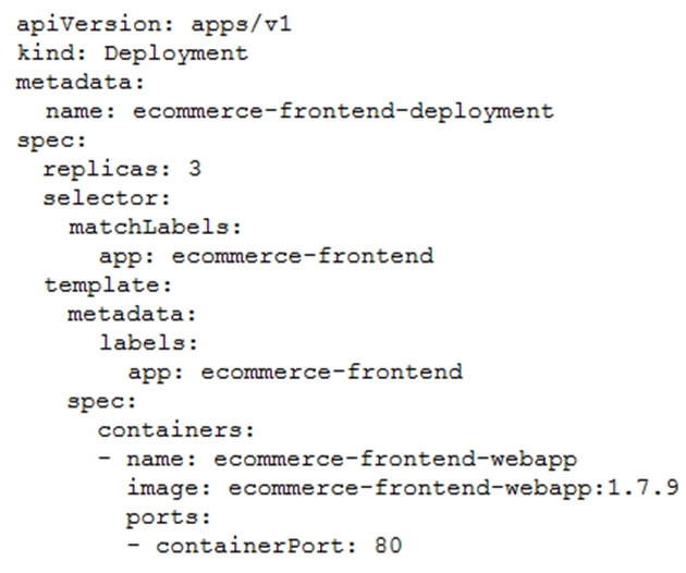 apiVersion: apps/v1
kind: Deployment
metadata:
name: ecommerce-frontend-deployment
spec:
replicas: 3
selector:
matchLabels:
app: ecommerce-frontend
template:
metadata:

labels:
app: ecommerce-frontend

spec:

containers:

- name: ecommerce-frontend-webapp
image: ecommerce-frontend-webapp:1.7.9
ports:

- containerPort: 80