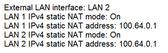 External LAN interface: LAN 2

LAN 1 IPv4 static NAT mode: On

LAN 1 IPv4 static NAT address: 100.64.0.1
LAN 2 IPv4 static NAT mode: On

LAN 2 |Pv4 static NAT address: 100.64.0.1