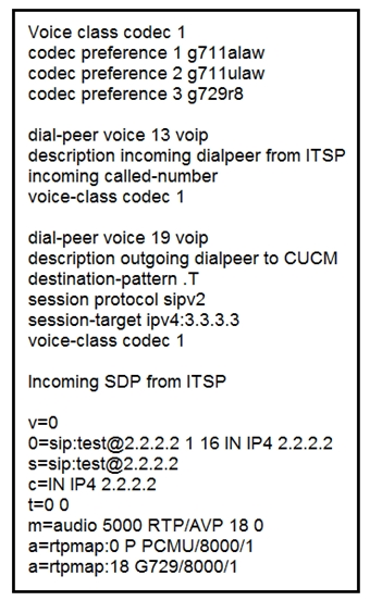 Voice class codec 1
codec preference 1 971 1alaw
codec preference 2 971 1ulaw
codec preference 3 g729r8

dial-peer voice 13 voip
description incoming dialpeer from ITSP.
incoming called-number

voice-class codec 1

dial-peer voice 19 voip
description outgoing dialpeer to CUCM
destination-pattern .T
session protocol sipv2

session-target ipv4:
voice-class codec 1

Incoming SDP from ITSP

v=0

O=sip:test@2.2.2.2 1 16 IN IP4 2.2.2.2
sesipitest@2.2.2.2

CIN IP4 2.2.2.2

t=00

m=audio 5000 RTP/AVP 18 0
a=rtpmap:0 P PCMU/8000/1
a=rtpmap:18 G729/8000/1