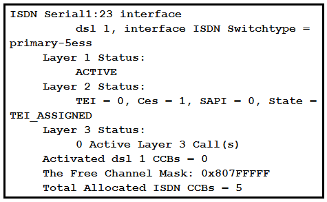 ISDN Seriall:23 interface
dsl 1, interface ISDN Switchtype =
primary-5ess
Layer 1 Status:
ACTIVE
Layer 2 Status:
TEI = 0, Ces = 1, SAPI = 0, State =

TEI_ASSIGNED
Layer 3 Status:
0 Active Layer 3 Call(s)
Activated dsl 1 cCBs =
The Free Channel Mask: 0x807FFFFF
Total Allocated ISDN CCBs = 5