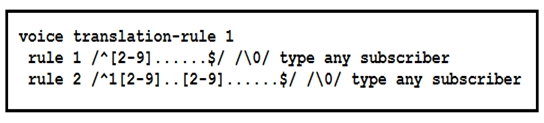 voice translation-rule 1
rule 1 /*[2-9] $/ /\O/ type any subscriber

rule 2 /*1[2-9].. [2-9] $/ /\0/ type any subscriber