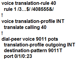 voice translation-rule 40
rule 4 /3...$/ /4085558/

!

voice translation-profile INT
translate calling 40

!

dial-peer voice 9011 pots
translation-profile outgoing INT
destination-pattern 9011T
port 0/1/0:23