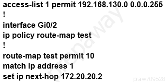 access-list 1 permit 192.168.130.0 0.0.0.255
!

interface Gi0/2

ip policy route-map test

!

route-map test permit 10
match ip address 1

set ip next-hop 172.20.20.2