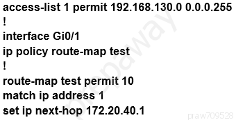 access-list 1 permit 192.168.130.0 0.0.0.255
!

interface Gio/1

ip policy route-map test

!

route-map test permit 10
match ip address 1

set ip next-hop 172.20.40.1