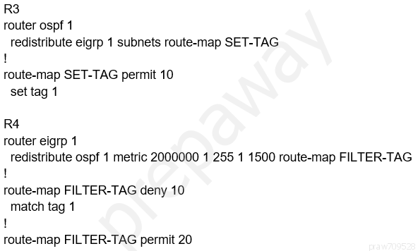 R3
router ospf 1

redistribute eigrp 1 subnets route-map SET-TAG
!

route-map SET-TAG permit 10
set tag 1

R4
router eigrp 1

redistribute ospf 1 metric 2000000 1 255 1 1500 route-map FILTER-TAG
!

route-map FILTER-TAG deny 10

match tag 1
!

route-map FILTER-TAG permit 20