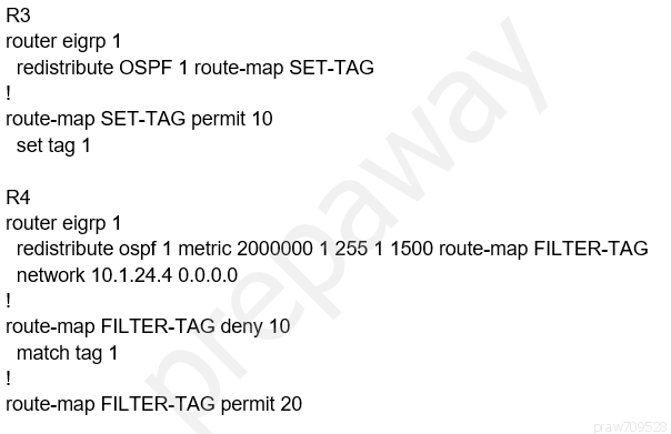 R3
router eigrp 1

redistribute OSPF 1 route-map SET-TAG
!

route-map SET-TAG permit 10
set tag 1

R4

router eigrp 1
redistribute ospf 1 metric 2000000 1 255 1 1500 route-map FILTER-TAG
network 10.1.24.4 0.0.0.0

!

route-map FILTER-TAG deny 10
match tag 1

!

route-map FILTER-TAG permit 20