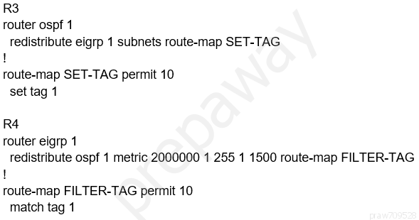 R3
router ospf 1

redistribute eigrp 1 subnets route-map SET-TAG
!

route-map SET-TAG permit 10
set tag 1

R4
router eigrp 1

redistribute ospf 1 metric 2000000 1 255 1 1500 route-map FILTER-TAG
!

route-map FILTER-TAG permit 10
match tag 1