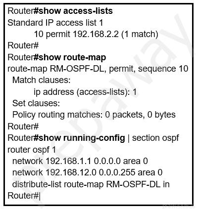 Router#show access-lists
Standard IP access list 1
10 permit 192.168.2.2 (1 match)
Router#
Router#show route-map
route-map RM-OSPF-DL, permit, sequence 10
Match clauses:
ip address (access-lists): 1
Set clauses:
Policy routing matches: 0 packets, 0 bytes
Router#
Router#show running-config | section ospf
router ospf 1
network 192.168.1.1 0.0.0.0 area 0
network 192.168.12.0 0.0.0.255 area 0
distribute-list route-map RM-OSPF-DL in
Router#|