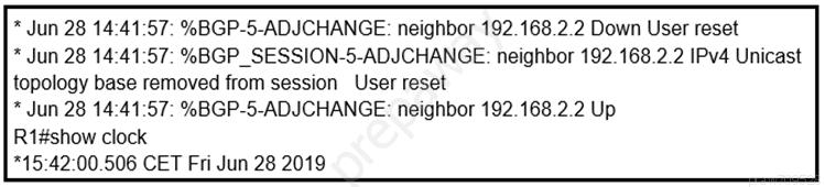 * Jun 28 14:41:57: %BGP-5-ADJCHANGE: neighbor 192.168.2.2 Down User reset
* Jun 28 14:41:57: %BGP_SESSION-5-ADJCHANGE: neighbor 192.168.2.2 IPv4 Unicast
topology base removed from session User reset

* Jun 28 14:41:57: %BGP-5-ADJCHANGE: neighbor 192.168.2.2 Up
R1#show clock
*15:42:00.506 CET Fri Jun 28 2019