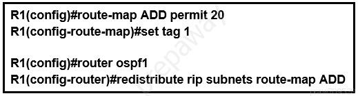 R1(config)#route-map ADD permit 20
R1(config-route-map)}#set tag 1

R1(config)#router ospf1
R1(config-router)#redistribute rip subnets route-map ADD