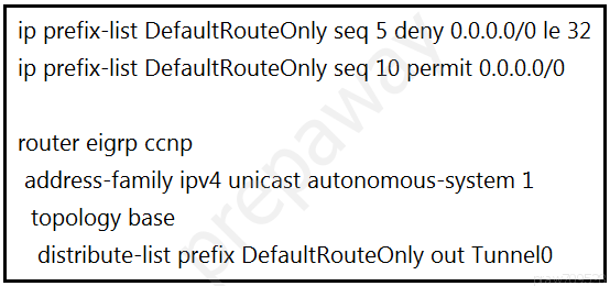 ip prefix-list DefaultRouteOnly seq 5 deny 0.0.0.0/0 le 32
ip prefix-list DefaultRouteOnly seq 10 permit 0.0.0.0/0

router eigrp ccnp

address-family ipv4 unicast autonomous-system 1
topology base

distribute-list prefix DefaultRouteOnly out Tunneld