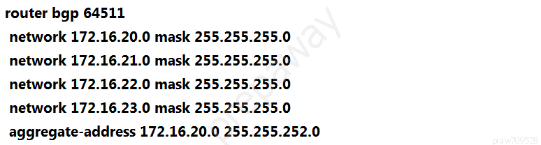 router bgp 64511

network 172.16.20.0 mask 255.255.255.0
network 172.16.21.0 mask 255.255.255.0
network 172.16.22.0 mask 255.255.255.0
network 172.16.23.0 mask 255.255.255.0
aggregate-address 172.16.20.0 255.255.252.0