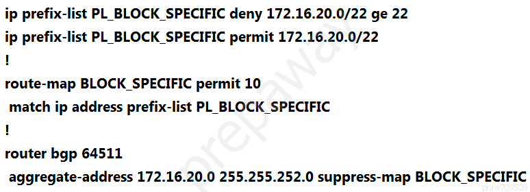 list PL_BLOCK_SPECIFIC deny 172.16.20.0/22 ge 22

ip prefix-list PL_BLOCK_SPECIFIC permit 172.16.20.0/22
!

route-map BLOCK_SPECIFIC permit 10

match ip address prefix-list PL_BLOCK_SPECIFIC
!

router bgp 64511
aggregate-address 172.16.20.0 255.255.252.0 suppress-map BLOCK_SPECIFIC