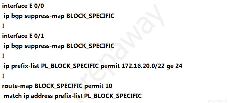 interface E 0/0

ip bgp suppress-map BLOCK_SPECIFIC
!

interface E 0/1

ip bgp suppress-map BLOCK_SPECIFIC
!

ip prefix-list PL_BLOCK_SPECIFIC permit 172.16.20.0/22 ge 24
!

route-map BLOCK_SPECIFIC permit 10
match ip address prefix-list PL BLOCK_SPECIFIC