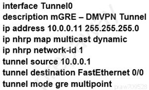 interface TunnelO

description mGRE —- DMVPN Tunnel
ip address 10.0.0.11 255.255.255.0
nhrp map multicast dynamic

ip nhrp network-id 1

tunnel source 10.0.0.1

tunnel destination FastEthernet 0/0
tunnel mode gre multipoint